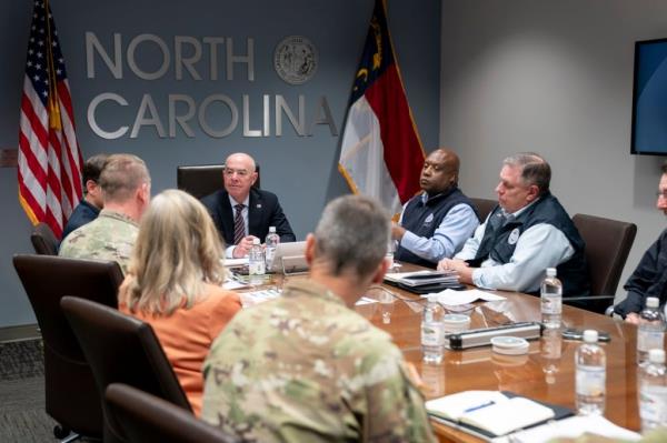 Alejandro Mayorkas with FEMA personnel in Raleigh, North Carolina, Thursday, October 10, 2024.